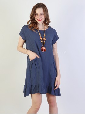 Shift Dress with Flowncy Edge.Cut-out Shoulder and Pockets
